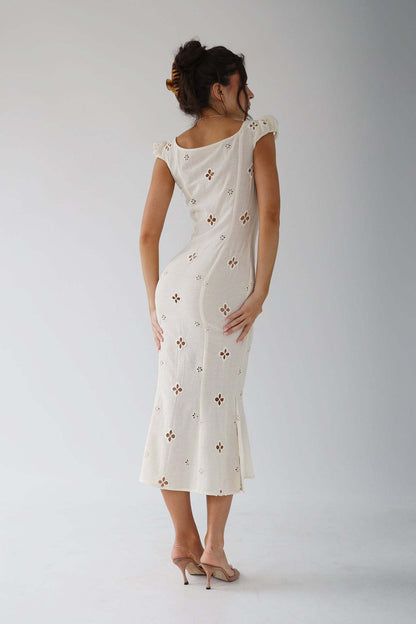Geborduurde Midi-jurk met Uitlopende Zoom - Vintage Fishtail Jurk