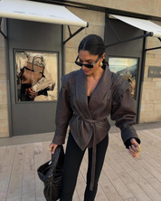 Lilly | Luxe Bruine Leren Jas met Wikkel Ontwerp