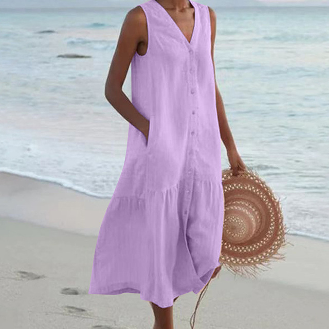 Amazhiyu Linnen damesjurk, mouwloze midi-jurk, zomerjurk, A-lijn Amazhiyu Linnen damesjurk, mouwloze midi-jurk, zomerjurk, A-lijn