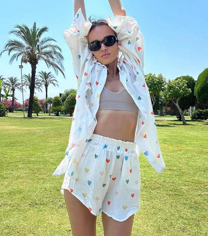 Jenika | Loungewear Set van Katoen met Hartjes Print - Zomers & Stijlvol