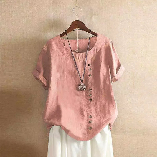 Elegante Katoenen Blouse met Korte Mouwen en Knoopdetails