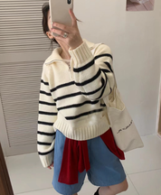 Doro | Dames Gestreepte Dikke Pullover met Rits – Comfortabel