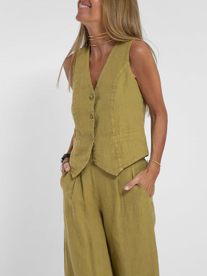 Juana | Elegante Mouwloze Linnen Set met V-Hals Gilet en Wijde Broek