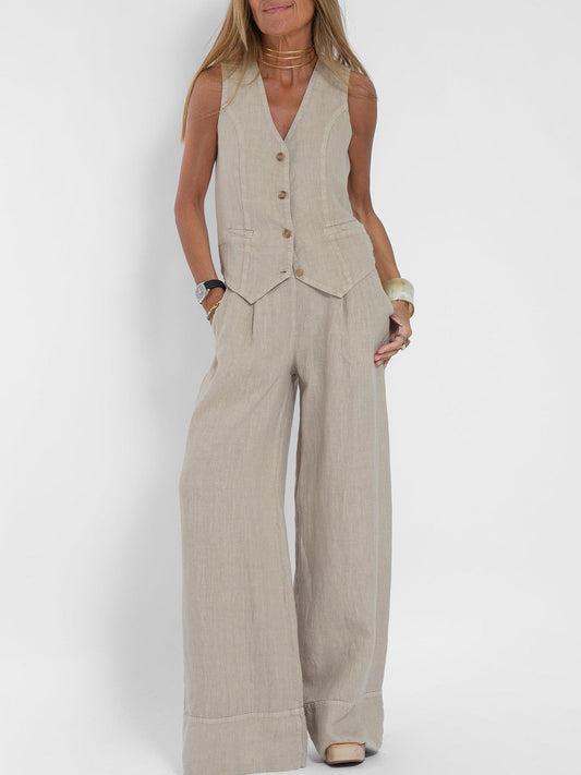 Juana | Elegante Mouwloze Linnen Set met V-Hals Gilet en Wijde Broek