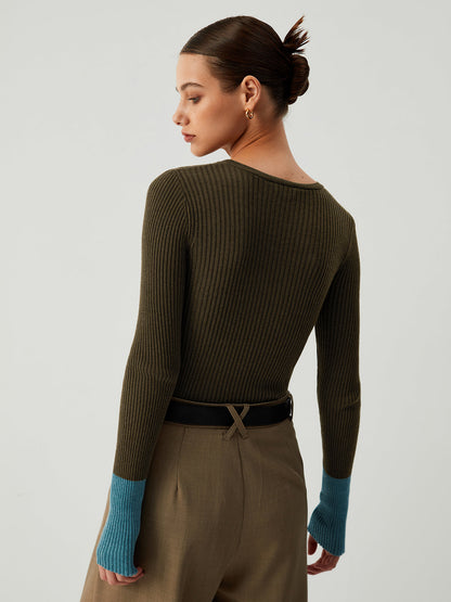 Esila | Slim Fit Gebreide Top voor Dames met Contrastmouwen