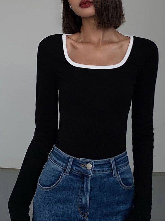 Bluma | Stretch Jersey Top met Lange Mouwen Contrast Halslijn