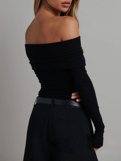 Mina | Off Shoulder Rib Crop Top – Slim Fit met Lange Mouwen