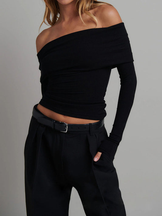 Mina | Off Shoulder Rib Crop Top – Slim Fit met Lange Mouwen