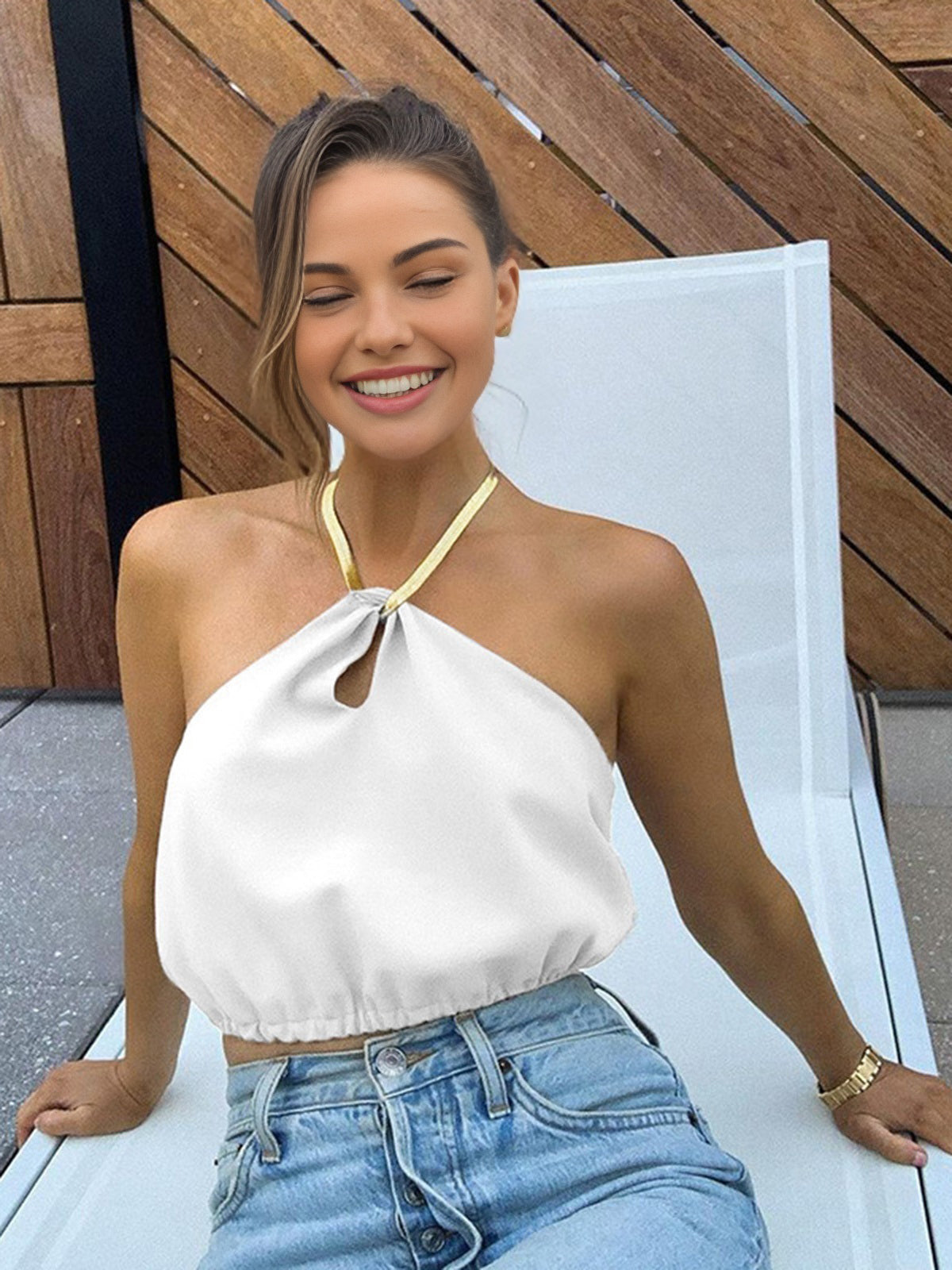 Zomerse Halter Crop Top – Satijn, Mouwloos