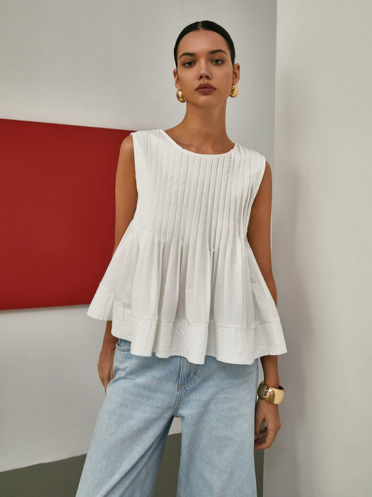 Rosalyn | Plissé Mouwloze Blouse van Katoen voor Dames