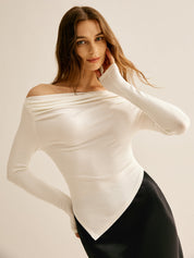 Emelie | Asymmetrisch Off-Shoulder Jersey T-Shirt – Lange Mouw Dames