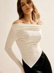 Emelie | Asymmetrisch Off-Shoulder Jersey T-Shirt – Lange Mouw Dames