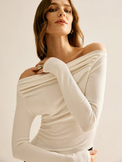 Emelie | Asymmetrisch Off-Shoulder Jersey T-Shirt – Lange Mouw Dames