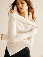 Emelie | Asymmetrisch Off-Shoulder Jersey T-Shirt – Lange Mouw Dames