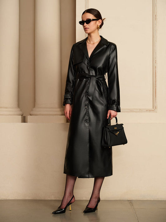 Rianne | Zwarte Lange Trenchcoat van Imitatieleer Dames