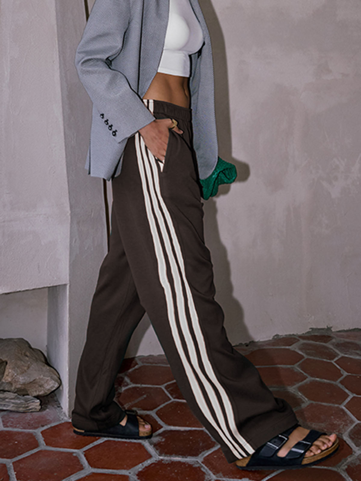 Dames Patchwork Broek met Hoge Taille – Gestreept & Comfortabel