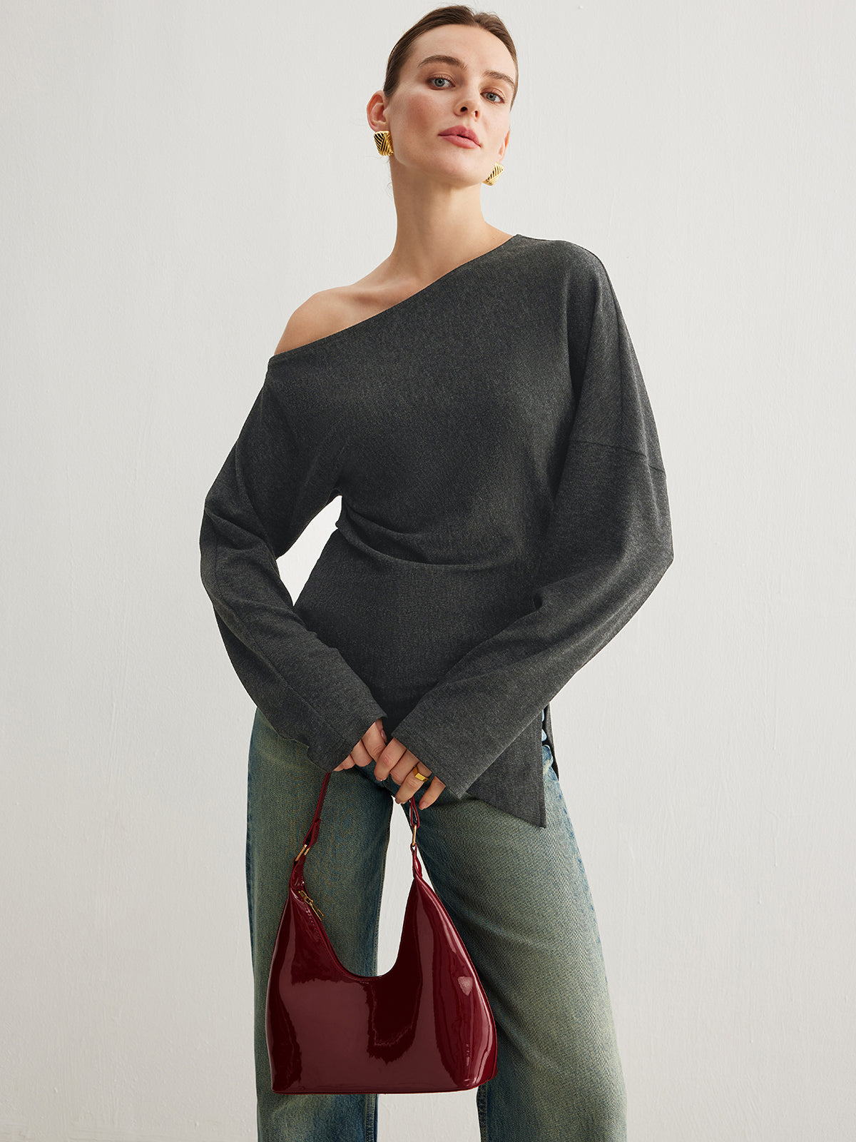 Blenda | Asymmetrische Top van Ribstof met Split & Plooien