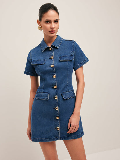 Gala | Trendy Mini Jurk van Spijkerstof voor Dames – Korte Mouwen & Knopen