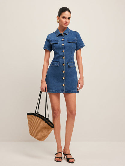 Gala | Trendy Mini Jurk van Spijkerstof voor Dames – Korte Mouwen & Knopen