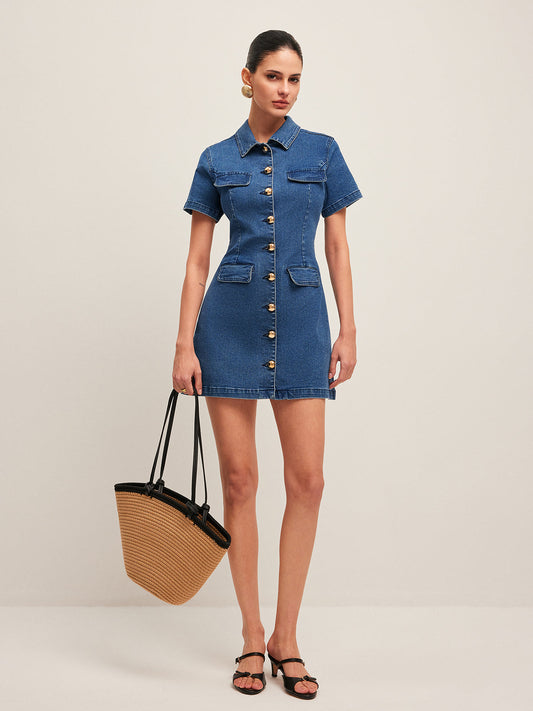 Gala | Trendy Mini Jurk van Spijkerstof voor Dames – Korte Mouwen & Knopen