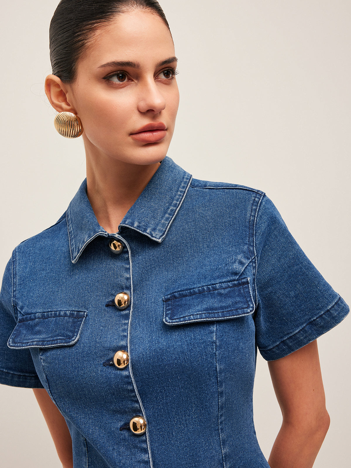 Gala | Trendy Mini Jurk van Spijkerstof voor Dames – Korte Mouwen & Knopen