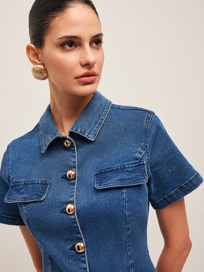 Gala | Trendy Mini Jurk van Spijkerstof voor Dames – Korte Mouwen & Knopen