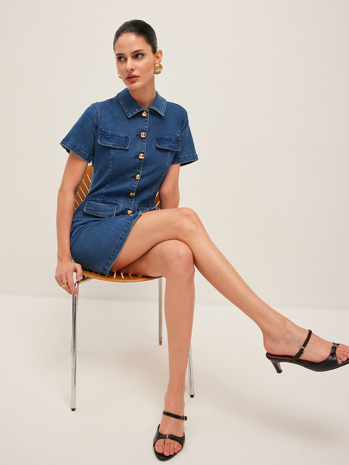 Gala | Trendy Mini Jurk van Spijkerstof voor Dames – Korte Mouwen & Knopen