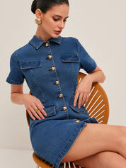 Gala | Trendy Mini Jurk van Spijkerstof voor Dames – Korte Mouwen & Knopen