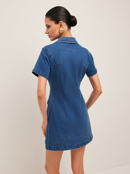 Gala | Trendy Mini Jurk van Spijkerstof voor Dames – Korte Mouwen & Knopen