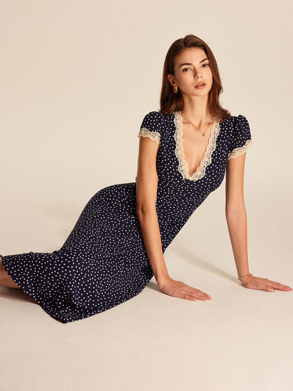 Casey | Polkadot Midi Jurk met Kant en Pofmouwen