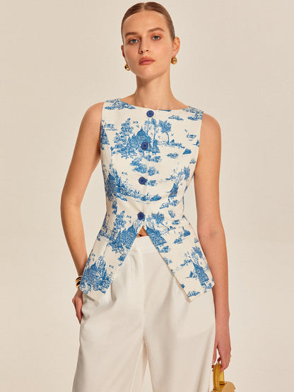 Hedwich | Mouwloze Top met Print en Split Design