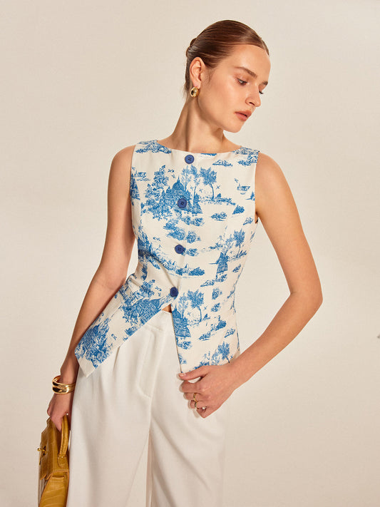 Hedwich | Mouwloze Top met Print en Split Design