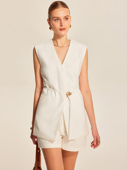 Erlene | Dames Mouwloos V-Hals Vest met Ceintuur – Lang Model en Comfortabel