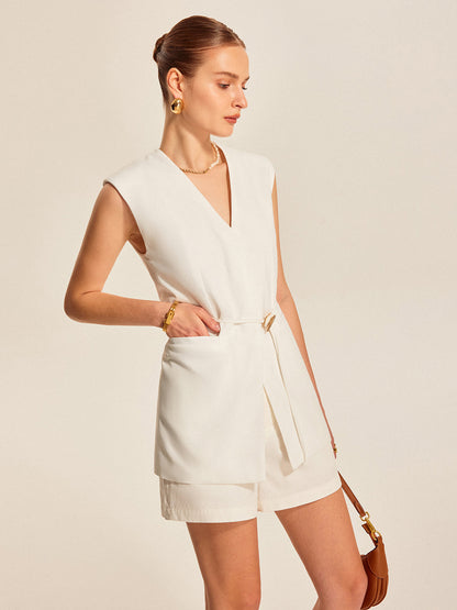 Erlene | Dames Mouwloos V-Hals Vest met Ceintuur – Lang Model en Comfortabel