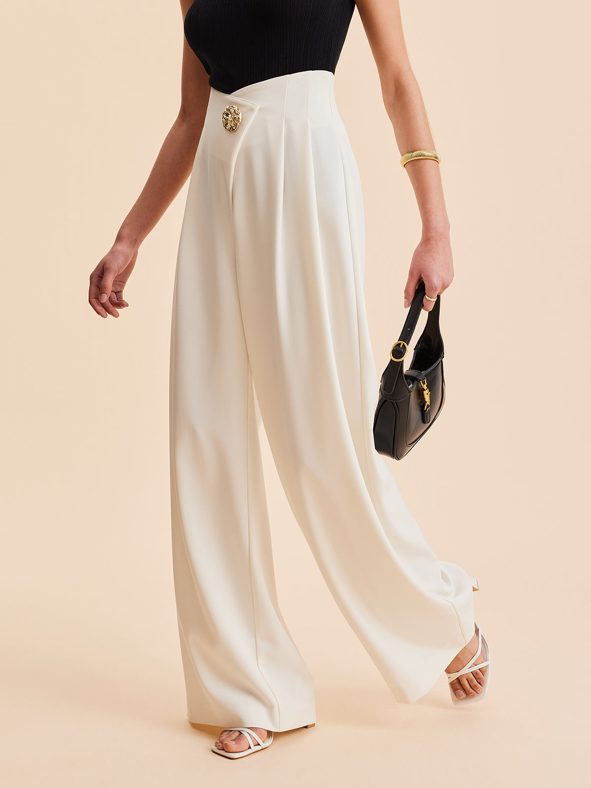 Gia | Elegante High Waist Wide-Leg Broek met Gouden Knoop