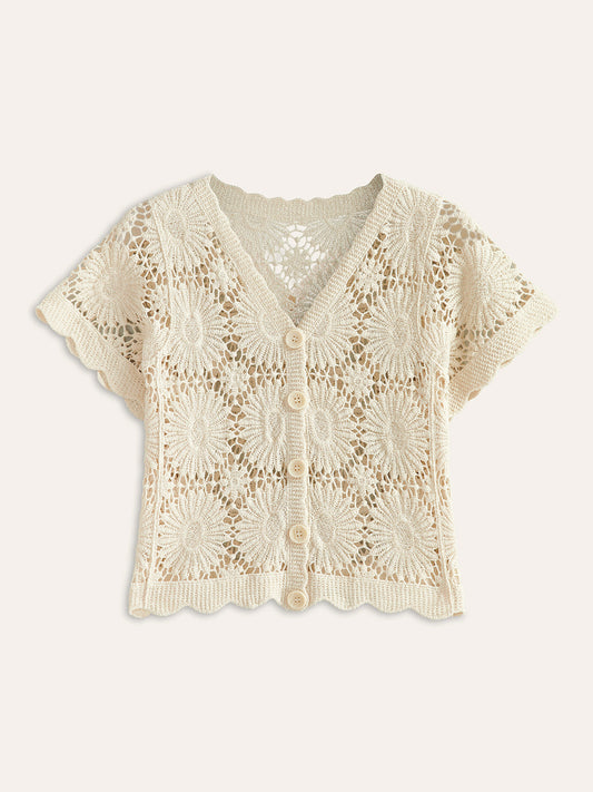 Isma | Trendy Top - Gebreid Vestje met Bloemen & Knopen – Katoenmix