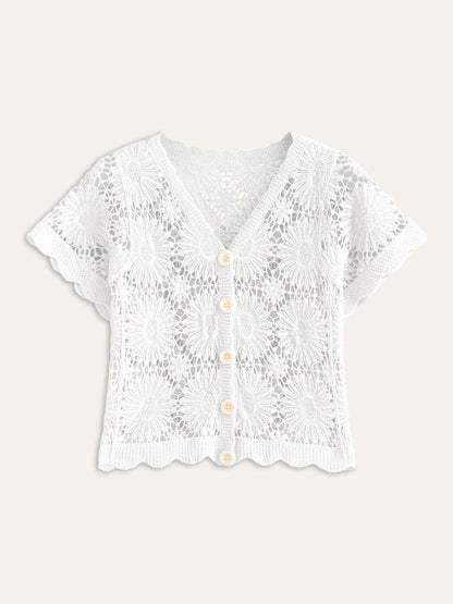 Isma | Trendy Top - Gebreid Vestje met Bloemen & Knopen – Katoenmix