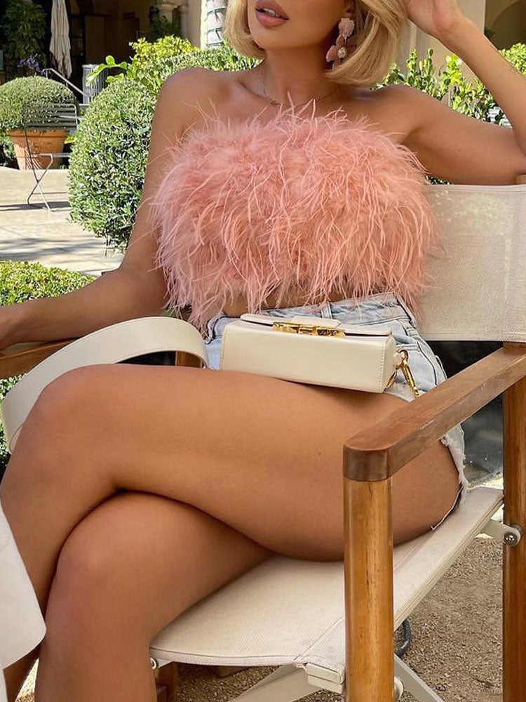 Clara | Top Met Veren En Bandeau-Halslijn