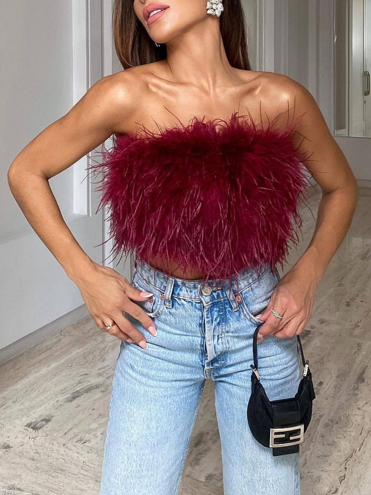 Clara | Top Met Veren En Bandeau-Halslijn