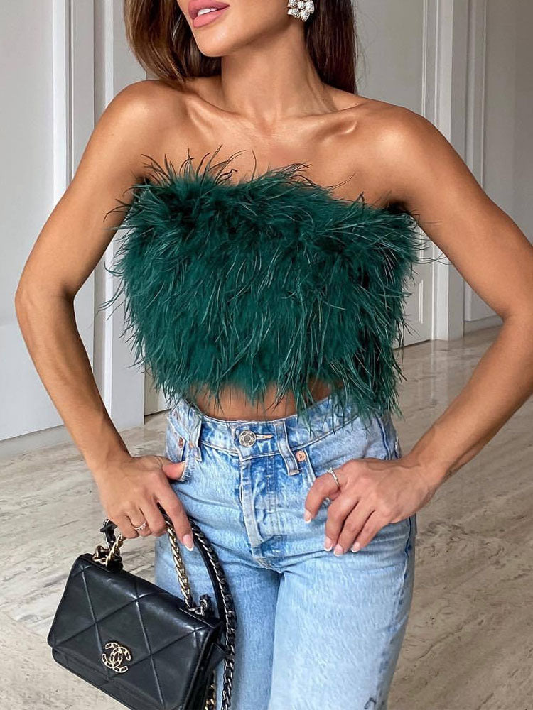 Clara | Top Met Veren En Bandeau-Halslijn