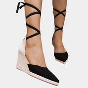 Modesta | Zwarte Dames Sleehak Sandalen met Vetersluiting