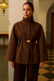 Nemea | Klassieke Warme Lariat-Mantel met Ceintuur en Kraag