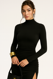 Fenna | Maxi Avondjurk met Hoge Split en Leather-Look Taille – Luxe Party Dress