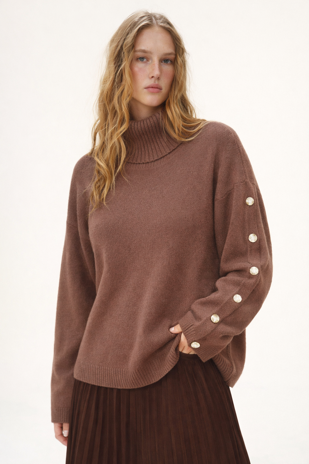 Amber | Stijlvolle Gebreide Dames Trui - Knoop details en Lichte Stretch