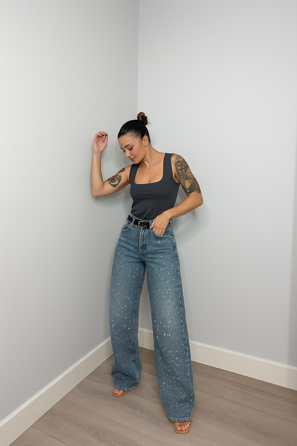 Sanay | Rechte High‑Waist Jeans met Glitter Details