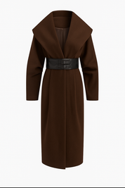 Odette | Lange Tweed Jas Winter - Oversized Kraag en Brede Riem