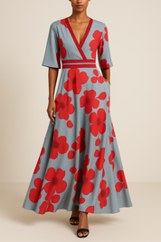 Limani | Elegante Maxi Jurk met V-hals en Bloemenprint