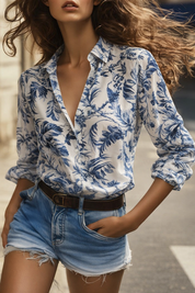 Transparante Knopenblouse met Blauwe Bloemenprint
