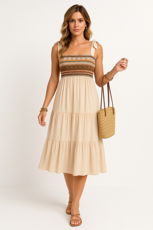 Violeta | Midi Zomerjurk A-lijn met Bohemian Print en Strik Bandjes