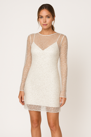 Eline | Slim Fit Pailletten Mini Jurk - Transparante Mesh